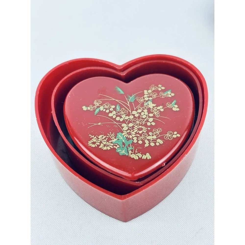 Vintage Red Nesting Heart Trinket Boxes Hong Kong - Plastic Floral Flowers Set 3